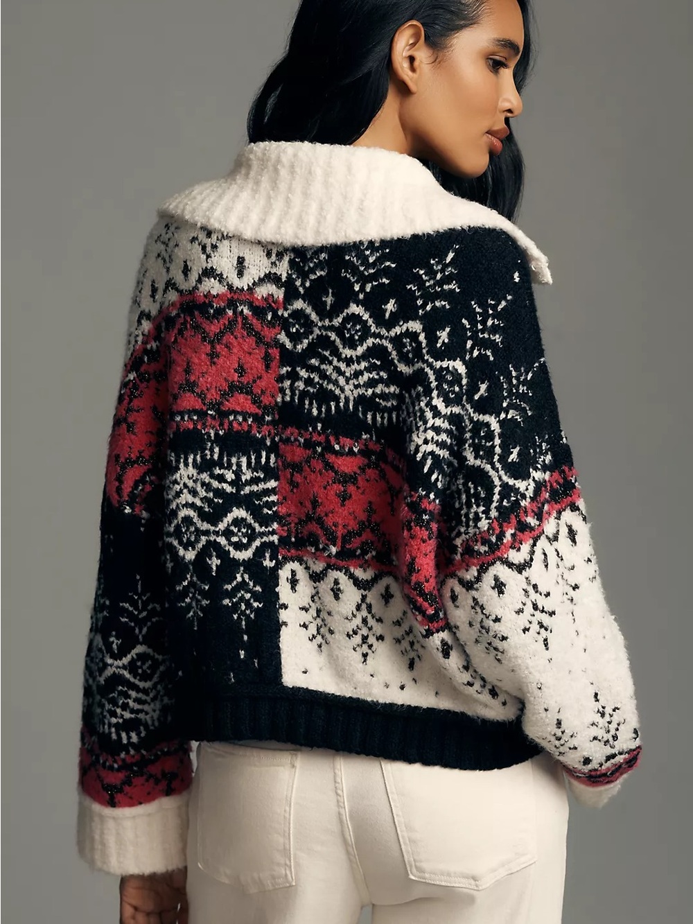 Pilcro V-Neck Fuzzy Printed Popover Sweater Fair Isle Medium - Picture 5 of 12